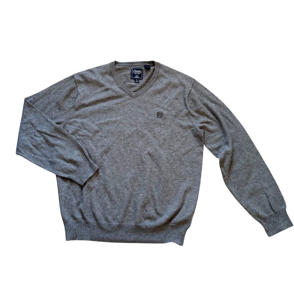 Chaps Cotton Cashmere Tight-Knit V-Neck Pullover Sweater Men's Size Large Gray